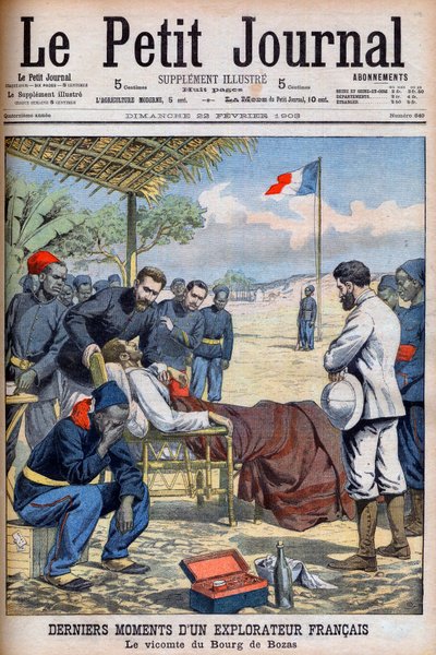 Sidste øjeblikke af en fransk opdagelsesrejsende Viscount Pierre Marie Robert Du Bourg de Bozas (1871-1903) i Bourg de Boza i det tropiske Afrika "Le Petit Journal" 22. februar af French School