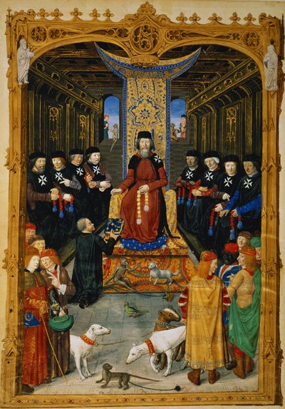 Lat 6067 f.3v Forfatteren dedikerer sin bog til Pierre dAubusson, stormester af Johannesordenen af Jerusalem, fra A History of the Siege of Rhodes, af Guillaume Caoursin, 1483 af French School