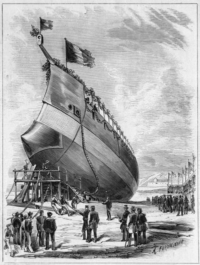 Lancering af panserskibet "" La Galissonniere"", 7. maj 1872 i havnen i Brest, Finistere (29). Indgravering i "" Le Monde Illustré"" nr. 789 af 25. maj 1872. af French School