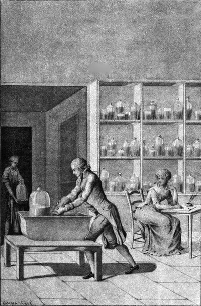 Lavoisier i sit laboratorium i Arsenalet, der demonstrerer et eksperiment på respiration, 1700-tallet af French School