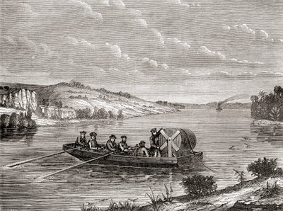 At lægge et telegrafkabel under en amerikansk flod ca. 1860, fra Les Merveilles de la Science, udgivet ca. 1870 (gravering) af French School