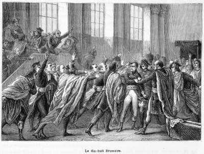 18 Brumaire år 8: Napoleons statskup i Saint-Cloud i Conseil des Cinq-Cents (Fem Hundrede) (værelse på 500) - i "La France Populaire" af French School