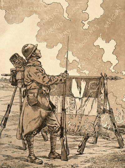 Le Bleuet. Symbol på hukommelse og solidaritet i Frankrig, for veteraner og ofre for den første verdenskrig. Fransk propagandaillustration fra 1. verdenskrig, der fremkalder franske sejre gennem tiderne. Fra Agenda Buvard du Bon Marche udgivet 1917. af French School