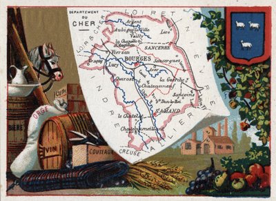Le Cher (18), Centret, Frankrig. Serie om de franske departementer. Øl, byg, læder, vin og knive. Chromolithography (Chromo) "" den geografiske tråd"", ca. 1920. Privat samling. af French School