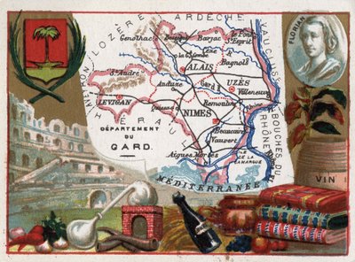Le Gard (30), Languedoc-Roussillon (Languedoc Roussillon), Frankrig - Lokal specialitet: eau de vie (destillationsapparat) og vin - Portræt af Jean-Pierre-Claris (Jean Pierre Claris) de Florian (1755-1794) - Serie på de franske departementer - Chromoli af French School