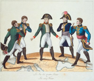 The Game of Four Coins eller The Five Brothers, bonapartistisk tegneserie af Napoleon og hans brødre, 1808 af French School