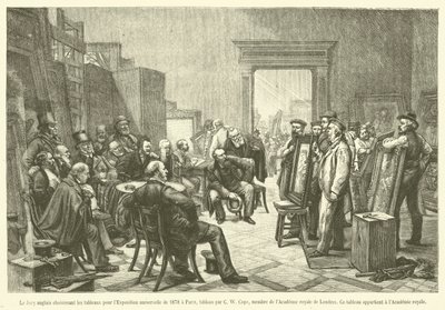 Den engelske jury, der udvælger malerierne til verdensudstillingen i 1878 i Paris (gravering) af French School