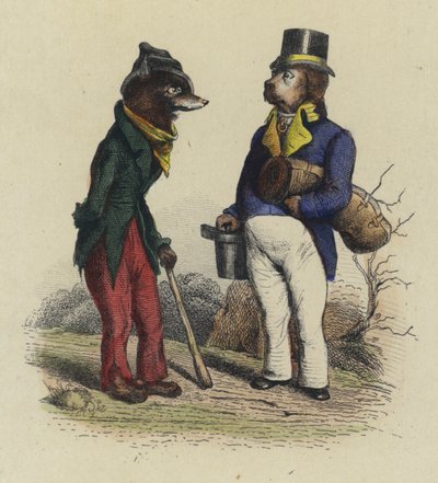 Ulven og hunden (farvet gravering) af French School