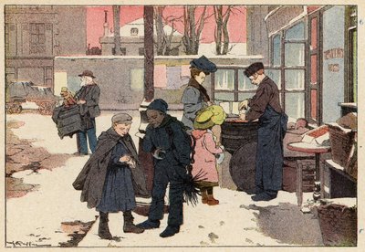 Le Marchand De Marrons, Kastanjesælgeren (farve litho) af French School