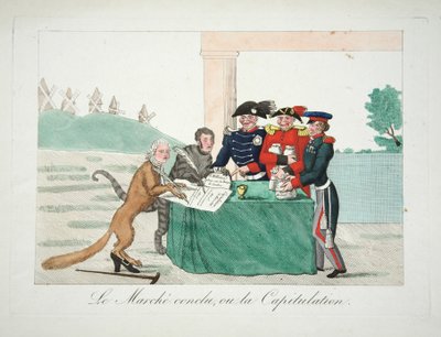 Le Marche afsluttede, eller Capitulation, pub. 1814 (håndfarvet gravering) af French School