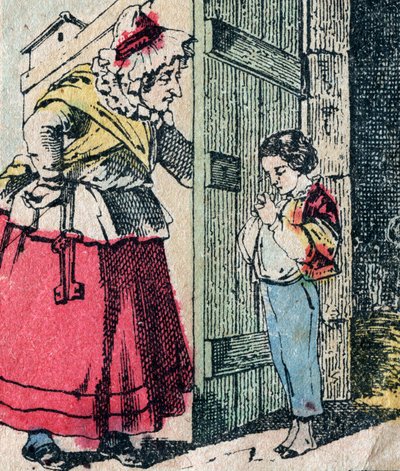 Le Pere Fouettard, fransk karakter for den piskede far, legendarisk folklorefigur, der straffer de frække børn: hans kone, La Mere Fouettard, den piskede mor, der føder angrede børn - Epinalt billede af French School