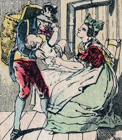 Le Pere Fouettard fransk karakter for den piskede far, legendarisk folklorefigur, der straffer de frække børn og omslutter de ulydige, Epinalbillede 1800-tallet (gravering) af French School