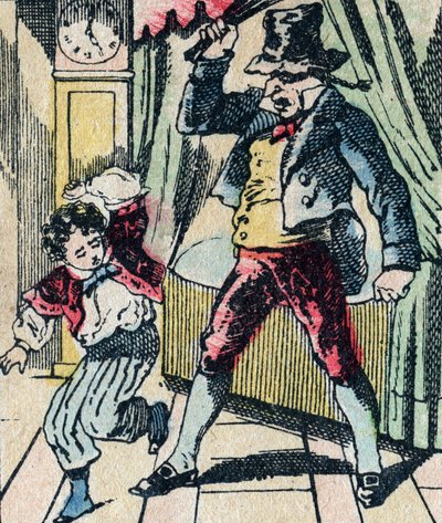 Le Pere Fouettards legendariske folklorekarakter, der straffer ukloge børn med sin pisk og omslutter ulydige børn, billede af Epinal af French School
