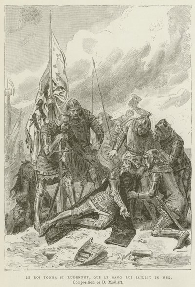 Kongen faldt så hårdt, at blodet sprang ud af hans næse (gravering) af French School