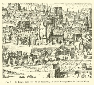 Templet omkring 1620, set fra faubourg, faksimile af en gravering af Mathieu Merian af French School