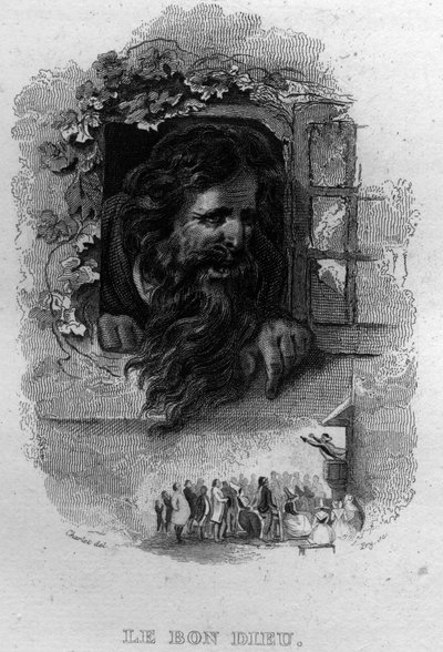 Den gode Gud Chanson de Beranger i ""Oeuvres completes"" (1834) af Pierre Jean de Beranger (1780-1857), fransk digter og sangskriver. af French School