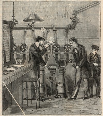 Det pneumatiske postkontor i Paris - Pneumatisk post eller pneumatisk post i Paris - Indgravering i "" Sciences mise à la range de tous - physics et chimie populaires"" af Alexis Clerc - Slutningen af ​​det 19. århundrede - Privat samling af French School