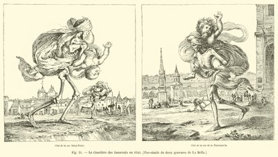 De uskyldiges kirkegård i 1640, faksimile af to indgraveringer af La Bella af French School
