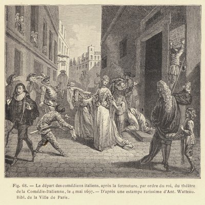 De italienske skuespilleres afgang efter lukningen, efter ordre fra kongen, af teatret i Comedie-Italienne, 4. maj 1697 (gravering) af French School