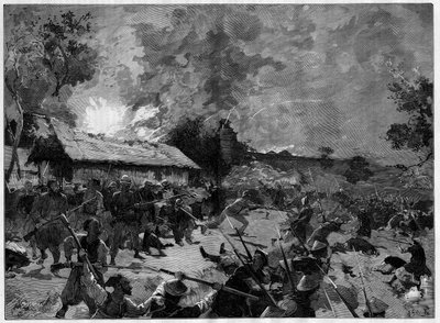 Bagholdet (guet apens) i Hue, 4.-5. juli, 1885: angreb fra en tonkinesisk hær (Viet-Nam) mod de franske tropper fra General de Courcy. Indgravering i ""The Illustrious World"" af French School