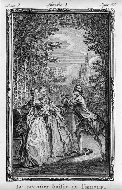 Kærlighedens første kys Illustration fra "Julie ou La Nouvelle Heloise" af Jean Jacques Rousseau (1712-1788) ed. 1769 af French School