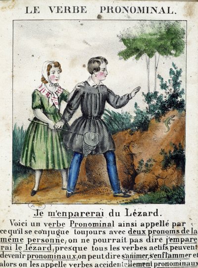 Lektion om pronominale verber. I ""La grammaire en images"", folderalbum, omkring 1850. af French School