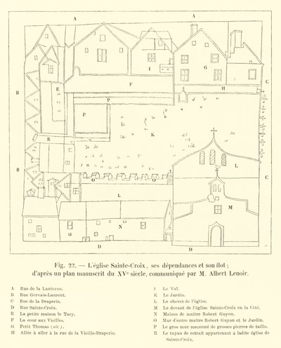 Sainte-Croix Kirke, dens udhuse og dens ø; ifølge en manuskriptplan fra det XV. århundrede, meddelt af M Albert Lenoir af French School