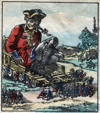 Lemuel Gulliver, en fange bliver transporteret på en vogn trukket af Lilliputianerne. Illustration til "" Gulliver