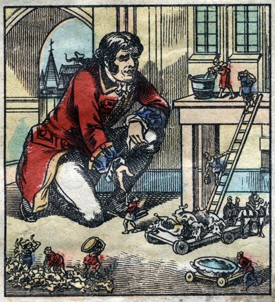 Lemuel Gulliver rådgiver for hæren af Lilliput. Illustration til "" Gulliver