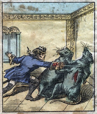 Lemuel Gulliver bekæmper rotter i giganternes land i Brobdingnag. Illustration til "" Gulliver