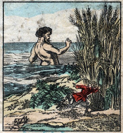 Lemuel Gulliver gemmer sig for en kæmpe i Brobdingnag. Illustration til "" Gulliver
