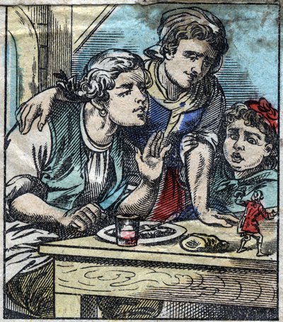 Lemuel Gulliver på Glumdalclitch-familiens bord i Brobdingnags giganters land. Illustration til "" Gulliver