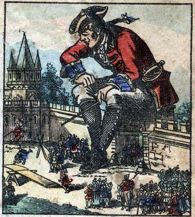 Lemuel Gulliver, der sidder på byens befæstningsmur, forklarer strategien for den lilliputske hær. Illustration til "" Gulliver