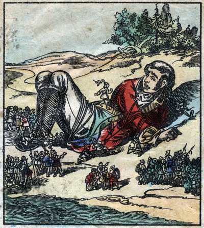 Lemuel Gulliver vågnede op efter sit skibbrud og blev taget til fange af Lilliputianerne. Illustration til "" Gulliver
