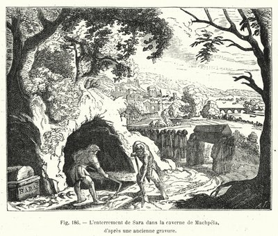 Begravelsen af ​​Sara i hulen Machpela, fra en gammel gravering (gravering) af French School