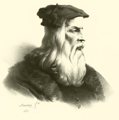Leonardo Da Vinci, portræt (gravering) af French School