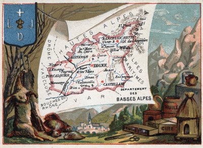 Les Basse Alpes (Basse-Alpes), i dag afdeling af Alpes-de-Haute-Provence (Alpes de Haute-Provence 04), Frankrig. Lokal specialitet: jagt, voks, honning, tørret frugt og olie. Serie om de franske departementer. Chromolithography (Chromo) "" den geografiske af French School