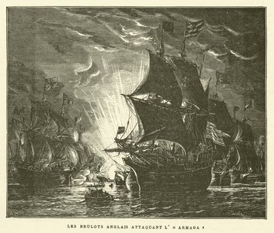 De engelske Brulots Attacking the Armada (gravering) af French School