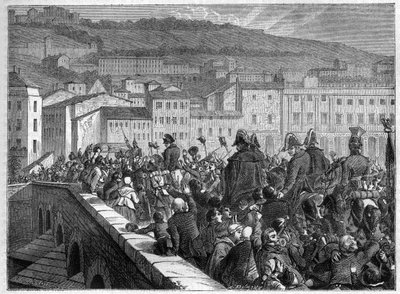 De hundrede dage: Napoleons triumferindtog til Lyon den 10. marts 1815 - i "Imperiets historie efter konsulatets historie" af Adolphe Thiers - 1879 - privat samling af French School
