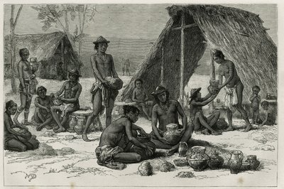 Les Indiens Galibis (eller Kalinas) fremstiller keramik, gravering af D.Maillart, for at illustrere udforskningsrejsen i det indre af Guyana af Dr. Jules Crevaux, læge ved den franske flåde, i 1876-1877, offentliggjort i tour du monde , under ledelse o af French School