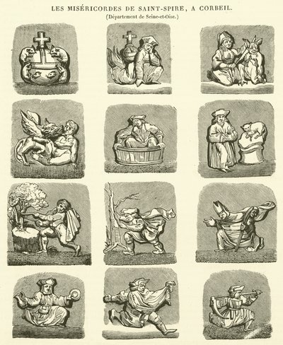 The Misericords of Saint-Spire, ved Corbeil (gravering) af French School