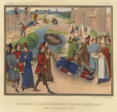 Die vier Söhne Aimon, Mord an Renaud de Montauban (Farblithographie) von French School