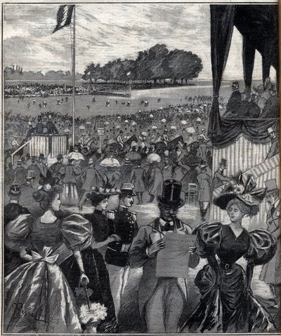 Les courses de lyon (væddeløbsbaner de Lyon) - efter grand prix - indgravering i "Le Progres illustrious"" fra 1895 af French School