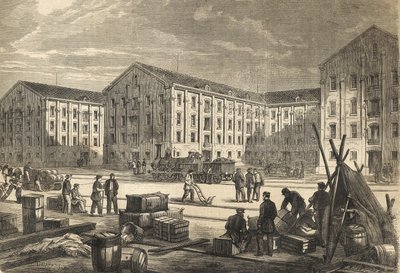 Les docks de Rouen en en en 1866 - Dokken i Rouen i 1866 - gravering af French School