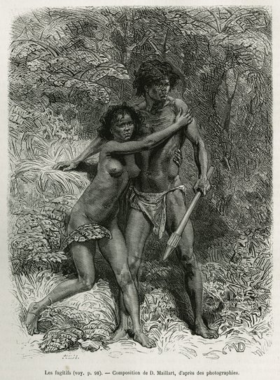 Les fugitives aborigenes, stik efter en tegning af D.Maillart, til at illustrere historien seks måneder i Australien, af Desire Charnay, en missionsopgave fra Ministeriet for Offentlig Uddannelse, i 1878, udgivet i tour du monde, under ledelse af af French School