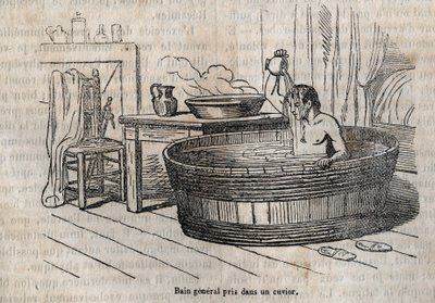 Badebevægelser - Hygiejne i det 19. århundrede - bad i en skål - gravering i "La Sante Universelle - Guide Medical des Familles" 1852 af French School