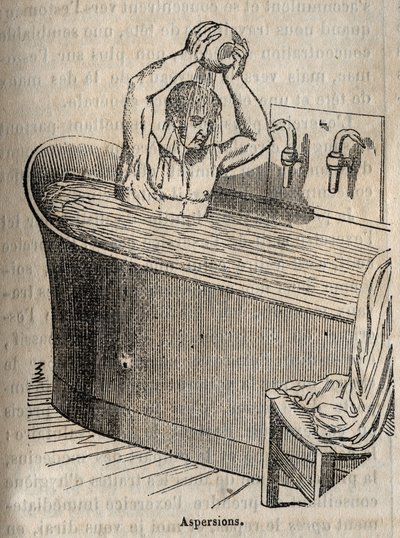 Badebevægelser - Hygiejne i det 19. århundrede - mand i et badekar - gravering i "La Sante Universelle - Guide Medical des Familles" 1852 af French School