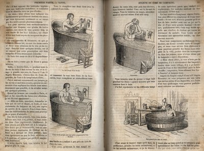 Badebevægelser - Hygiejne i det 19. århundrede - mand i et badekar - indgravering i "La Sante Universelle - Guide Medical des Familles" 1852 af French School