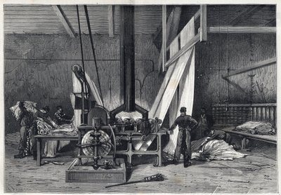 De store fabrikker - Farvning erie Boutarel i Clichy la Garenne - Le mesh des Etoffes - gravering fra 1869 af French School
