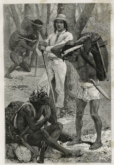 Les porters (caucheros), i Darien (region i det østlige Panama), gravering efter en tegning af D. Maillart, for at illustrere historien Exploration at the isthms of Panama and Darien, af A. Reclus, skibsløjtnant, fra 1876 til 1878 , offentliggjort i tour d af French School